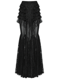 Elegant Black Fishtail Lace Maxi Skirt with Frills