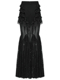 Elegant Black Fishtail Lace Maxi Skirt with Frills