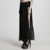 Elegant Gothic Chiffon Skirt with Pleated and Lace Accents