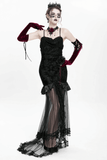 Elegant Gothic Velvet High-Low Dress with Sheer Black Mesh