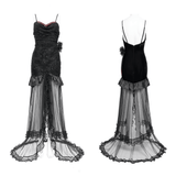 Elegant Gothic Velvet High-Low Dress with Sheer Black Mesh