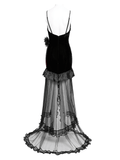 Elegant Gothic Velvet High-Low Dress with Sheer Black Mesh