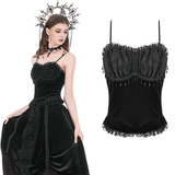 Elegant Lace Cami Top with Beaded Bust and Ruffle Trim