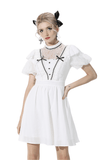 Elegant White Dress with Short Puff Sleeves and Lace Trim