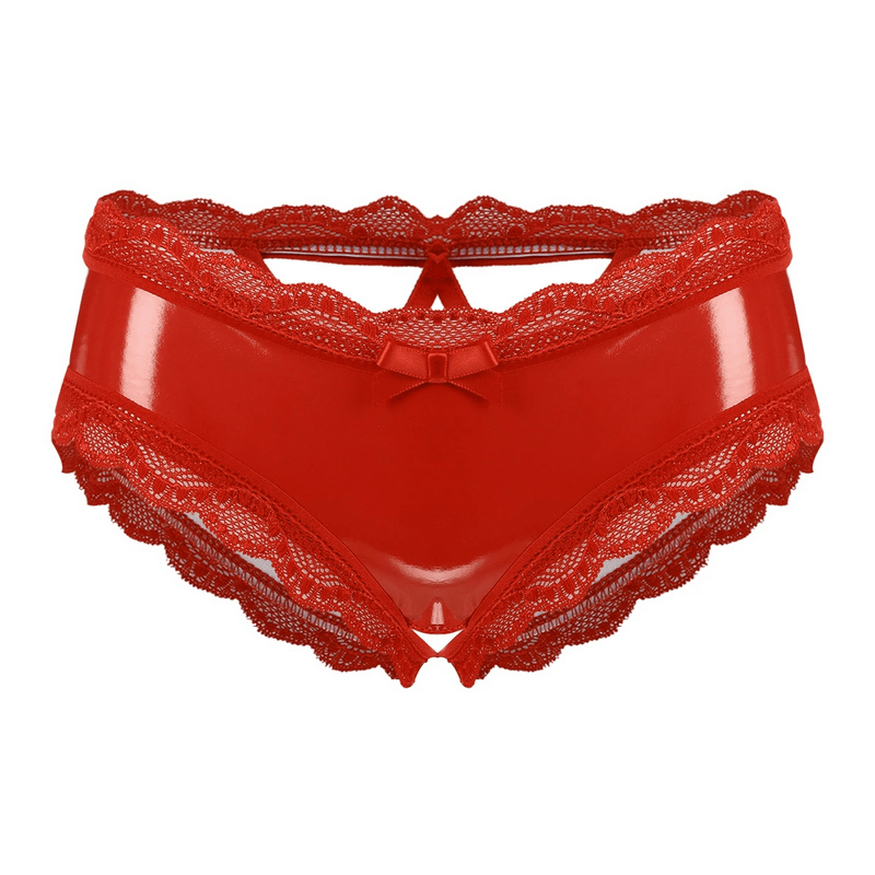 Erotic V-Back Panties with Lace Trim / Women's Crotchless Lingerie / Sexy Wet Look Underwear - EVE's SECRETS