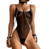Erotic Mesh Women's Bodysuit / Female Sexy Black Outfits / Bondage Bracelets With Collar and Chains - EVE's SECRETS