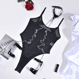 Erotic Mesh Women's Bodysuit / Female Sexy Black Outfits / Bondage Bracelets With Collar and Chains - EVE's SECRETS
