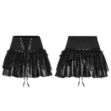 Faux Leather Punk Skirt with Mesh Panels and Lace-Up Style