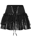 Faux Leather Punk Skirt with Mesh Panels and Lace-Up Style