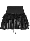 Faux Leather Punk Skirt with Mesh Panels and Lace-Up Style