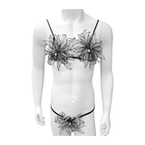 Ensemble de lingerie florale pour hommes / sous-vêtements érotiques en maille / haut de soutien-gorge transparent avec strings 