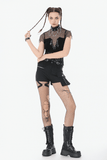 Goth Mesh Lace Up Cami Top with Cross Pendants