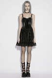 Goth Pinstripe Dress with Lace Up Back and Bow Accent