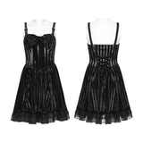 Goth Pinstripe Dress with Lace Up Back and Bow Accent