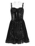 Goth Pinstripe Dress with Lace Up Back and Bow Accent