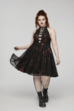 Gothic A-Line Dress with Roses Pattern and Buckle Accents