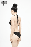 Gothic-Damen-Bikinioberteil mit V-Ausschnitt und Bindeseil in Schwarz / Sexy Badeanzugoberteil mit Stretchband und Trägern