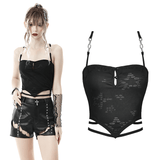 Gothic Black Crop Top with Straps Featuring Chain Detail