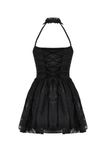 Gothic Black Halter Neck Dress with Ruffled Lace Accents