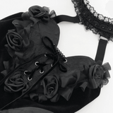 Gothic Black Lace Halter Top with Rose Details and Chains