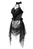 Gothic Black Lace Halter Top with Rose Details and Chains