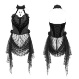 Gothic Black Lace Halter Top with Rose Details and Chains