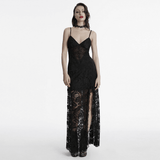 Gothic Black Lace Maxi Dress with High Slit and Corset Back