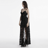 Gothic Black Lace Maxi Dress with High Slit and Corset Back