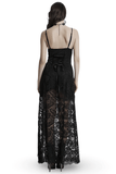 Gothic Black Lace Maxi Dress with High Slit and Corset Back