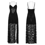 Gothic Black Lace Maxi Dress with High Slit and Corset Back