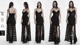 Gothic Black Lace Maxi Dress with High Slit and Corset Back