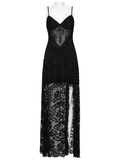 Gothic Black Lace Maxi Dress with High Slit and Corset Back