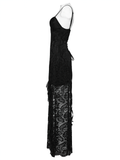 Gothic Black Lace Maxi Dress with High Slit and Corset Back