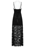 Gothic Black Lace Maxi Dress with High Slit and Corset Back
