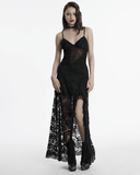 Gothic Black Lace Maxi Dress with High Slit and Corset Back