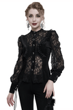 Gothic Black Lace Ruffle Blouse with Stand Collar for Women