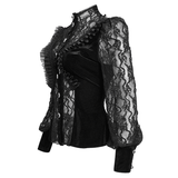 Gothic Black Lace Ruffle Blouse with Stand Collar for Women