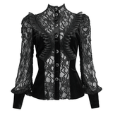 Gothic Black Lace Ruffle Blouse with Stand Collar for Women