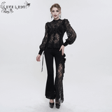 Gothic Black Lace Ruffle Blouse with Stand Collar for Women