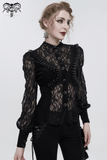 Gothic Black Lace Ruffle Blouse with Stand Collar for Women