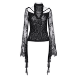 Gothic black lace top with bell sleeves and neck chains, showcasing elegant floral patterns and a daring open back.