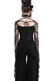 Back view of a gothic black lace top with bell sleeves, showing lace-up accents and Victorian-inspired design.