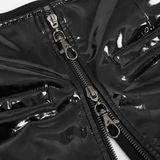 Schwarze Damen-Shorts aus Kunstleder und Mesh im Gothic-Stil / Sexy Damen-Reißverschluss-Shorts mit Ketten 
