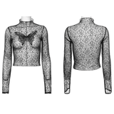 Gothic Black Mesh Butterfly Crop Top with Long Sleeves