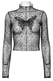 Gothic Black Mesh Butterfly Crop Top with Long Sleeves