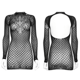 Gothic Black Mesh Dress adorned with Lace Accents