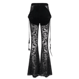 Gothic Black Mesh Splice Flared Pants with Feather Pendant