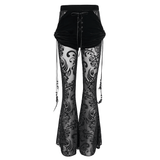 Gothic Black Mesh Splice Flared Pants with Feather Pendant