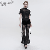 Gothic Black Mesh Splice Flared Pants with Feather Pendant