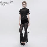 Gothic Black Mesh Splice Flared Pants with Feather Pendant